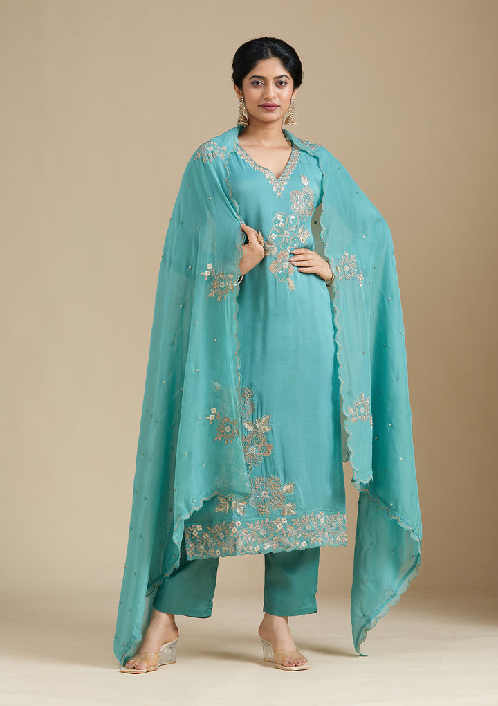 Sea Green Zardozi (Gold) Organza Readymade Salwar Suit
