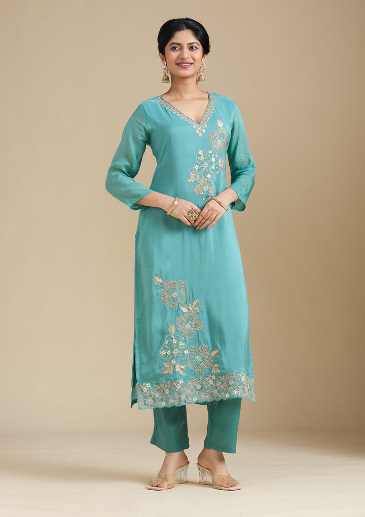 Sea Green Zardozi (Gold) Organza Readymade Salwar Suit