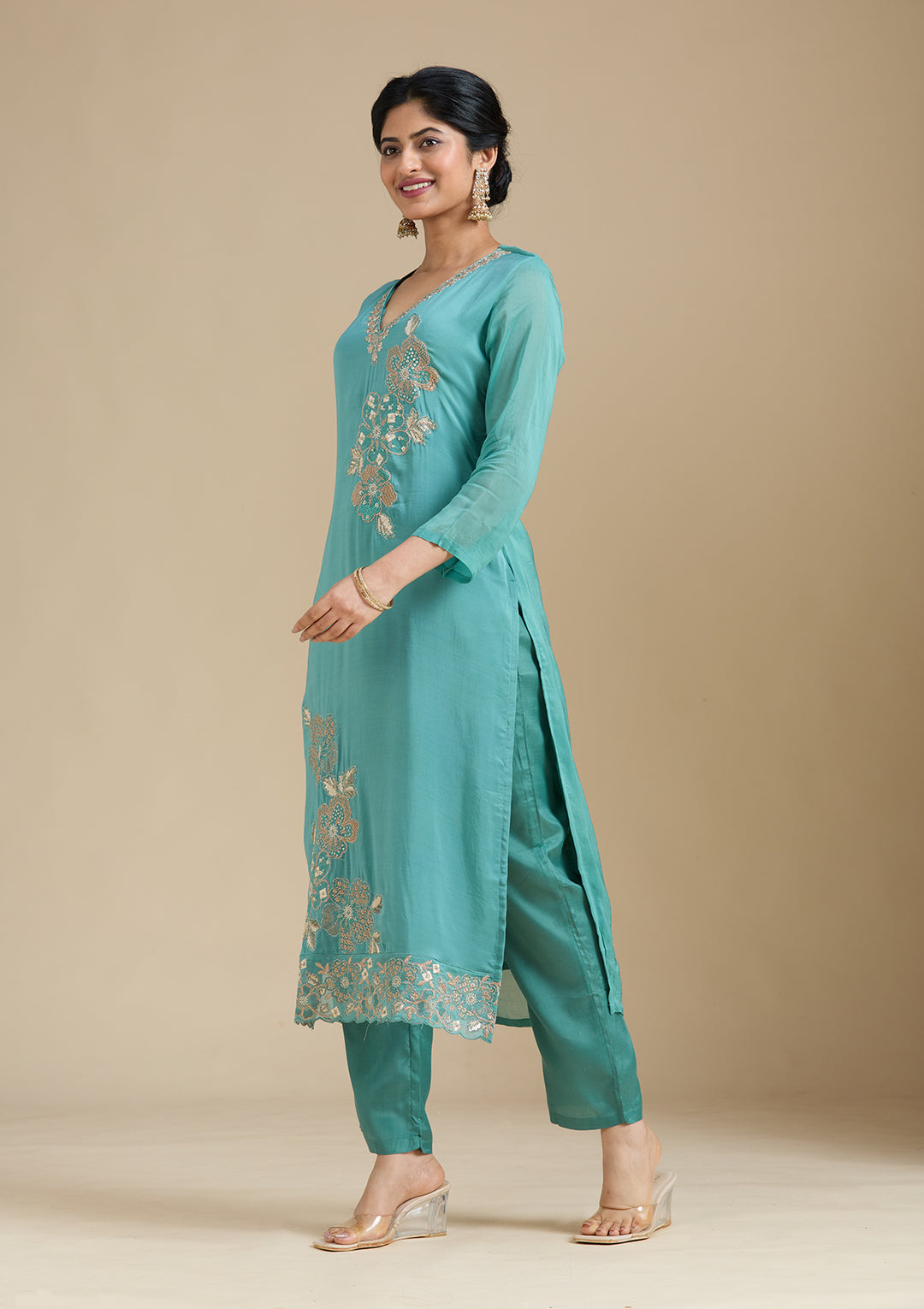 Sea Green Zardozi (Gold) Organza Readymade Salwar Suit