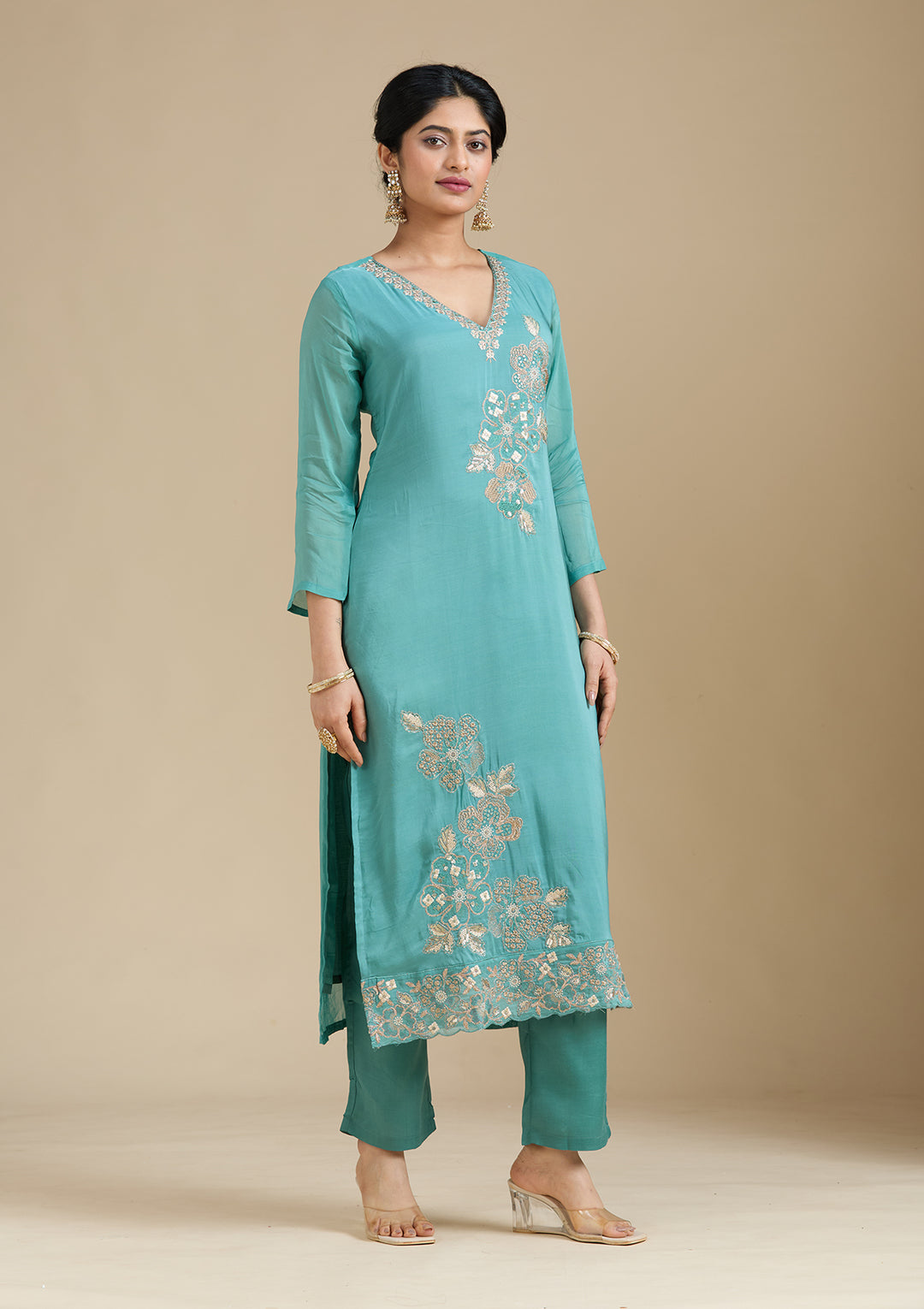 Sea Green Zardozi (Gold) Organza Readymade Salwar Suit
