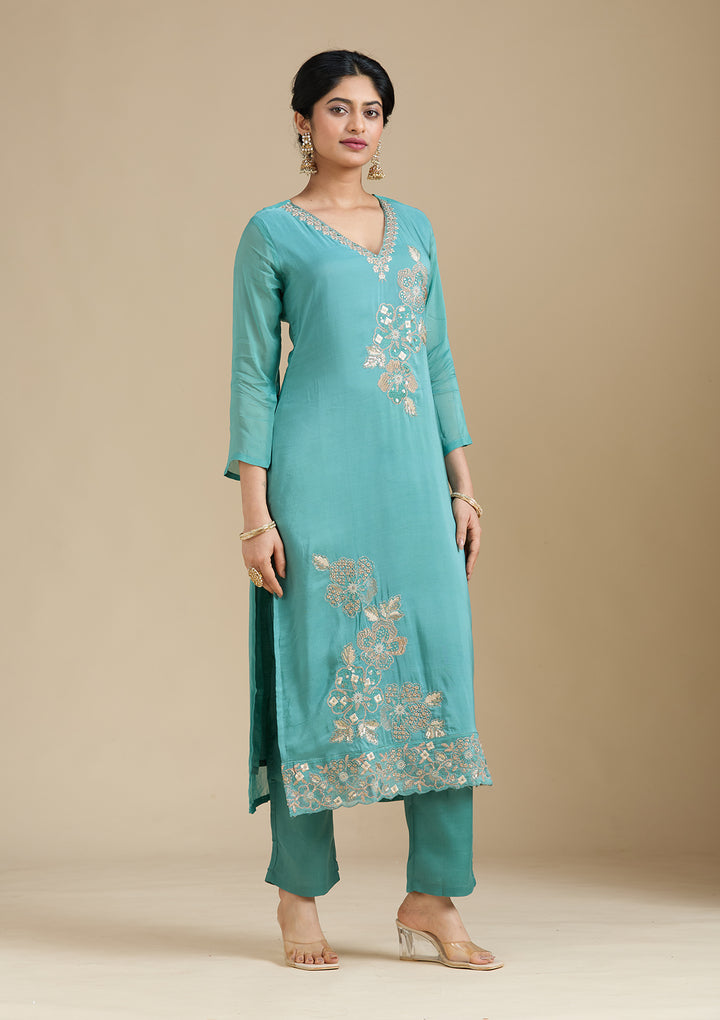 Sea Green Zardozi (Gold) Organza Readymade Salwar Suit