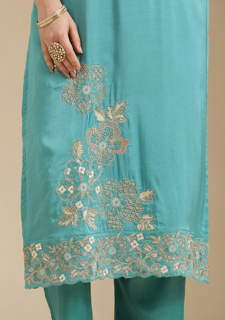 Sea Green Zardozi (Gold) Organza Readymade Salwar Suit