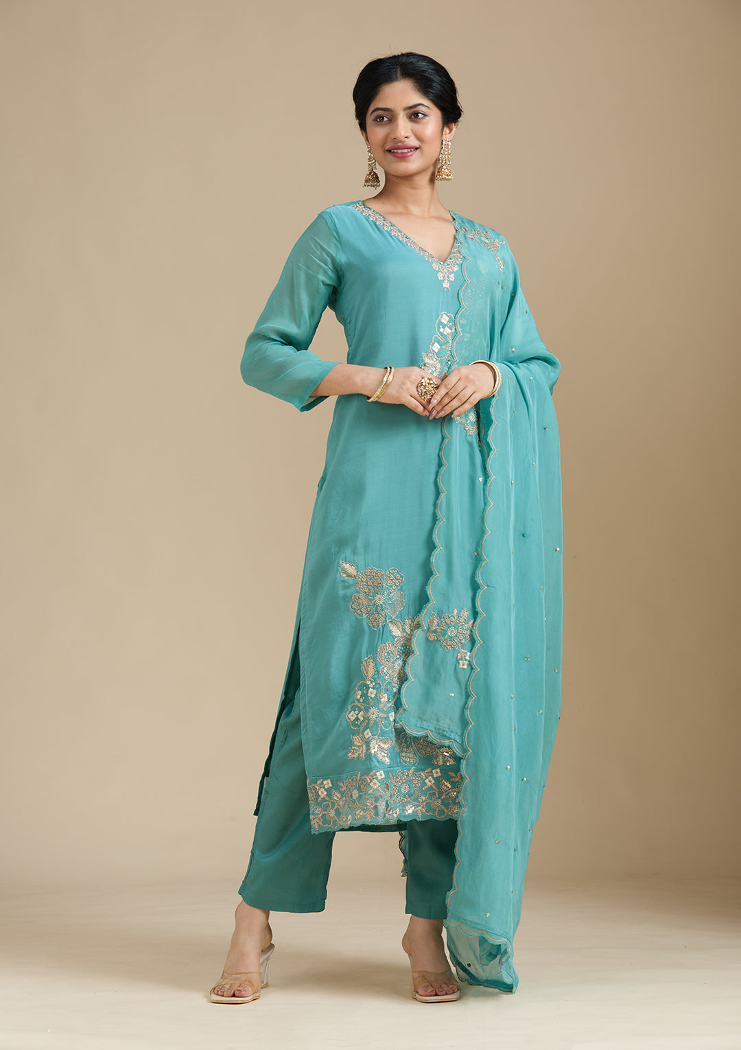 Sea Green Zardozi (Gold) Organza Readymade Salwar Suit