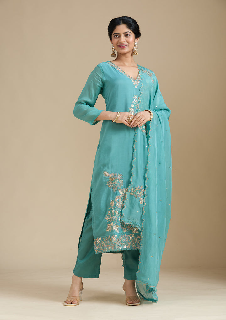 Sea Green Zardozi (Gold) Organza Readymade Salwar Suit