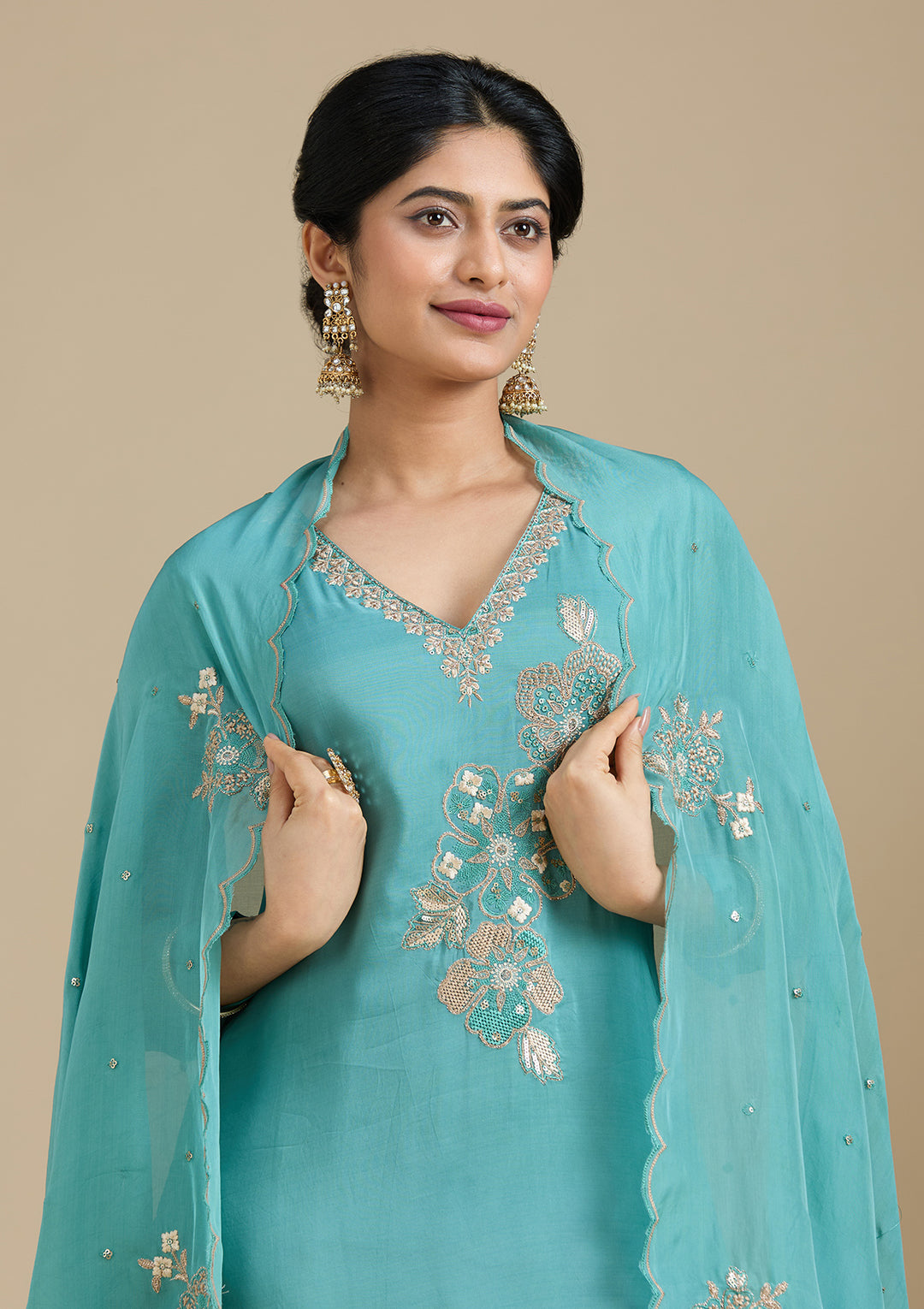 Sea Green Zardozi (Gold) Organza Readymade Salwar Suit
