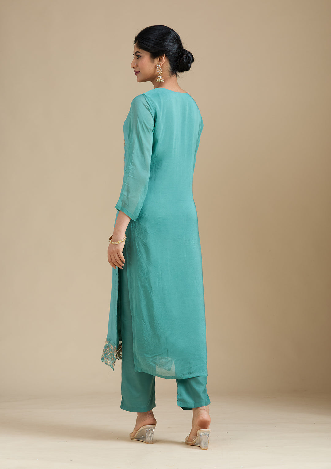 Sea Green Zardozi (Gold) Organza Readymade Salwar Suit