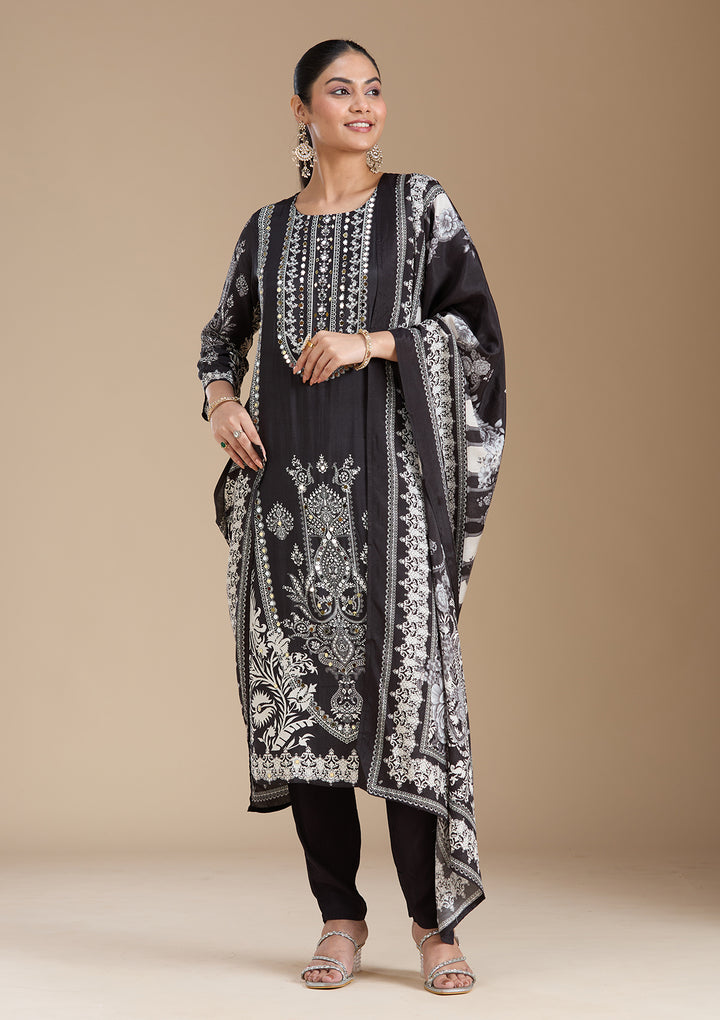 Black Printed Crepe Readymade Salwar Suit