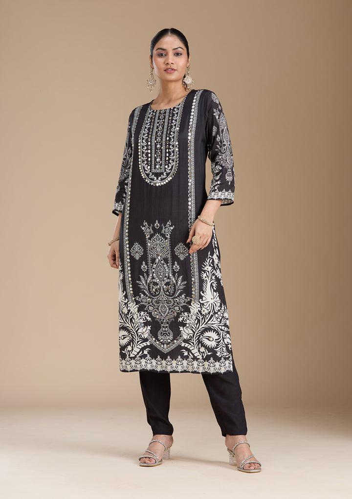 Black Printed Crepe Readymade Salwar Suit