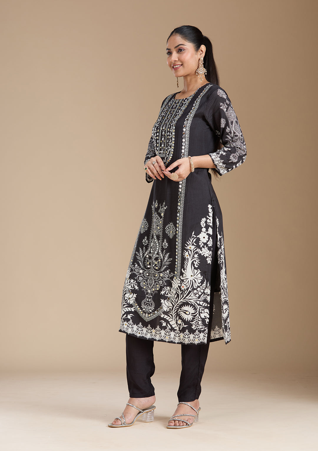 Black Printed Crepe Readymade Salwar Suit