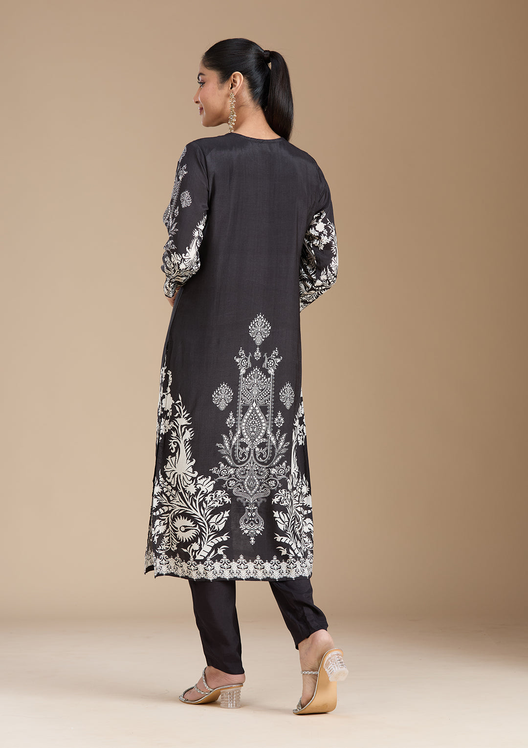 Black Printed Crepe Readymade Salwar Suit