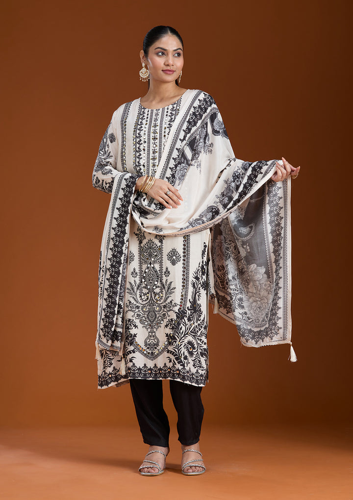 Off White Printed Crepe Readymade Salwar Suit