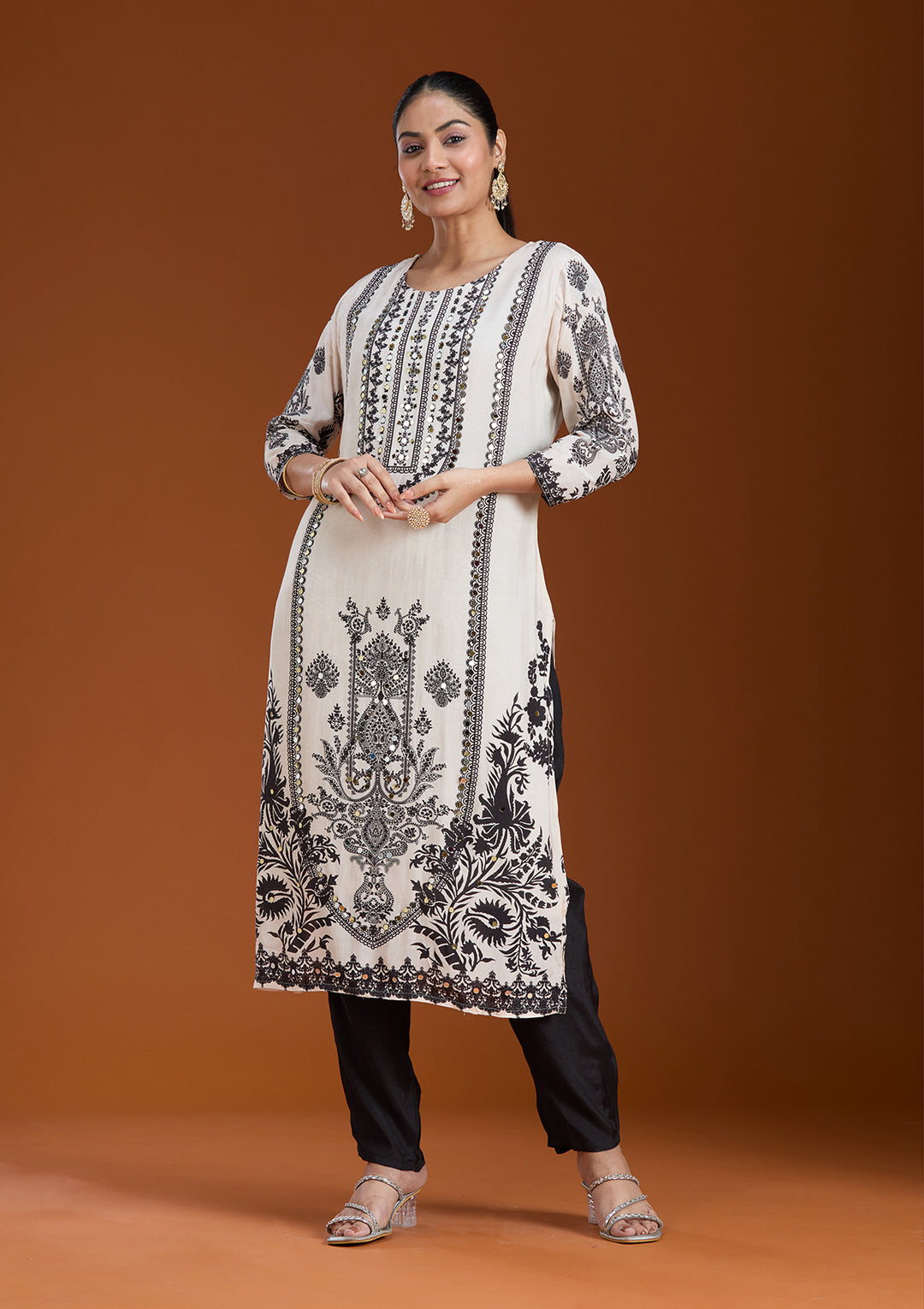 Off White Printed Crepe Readymade Salwar Suit
