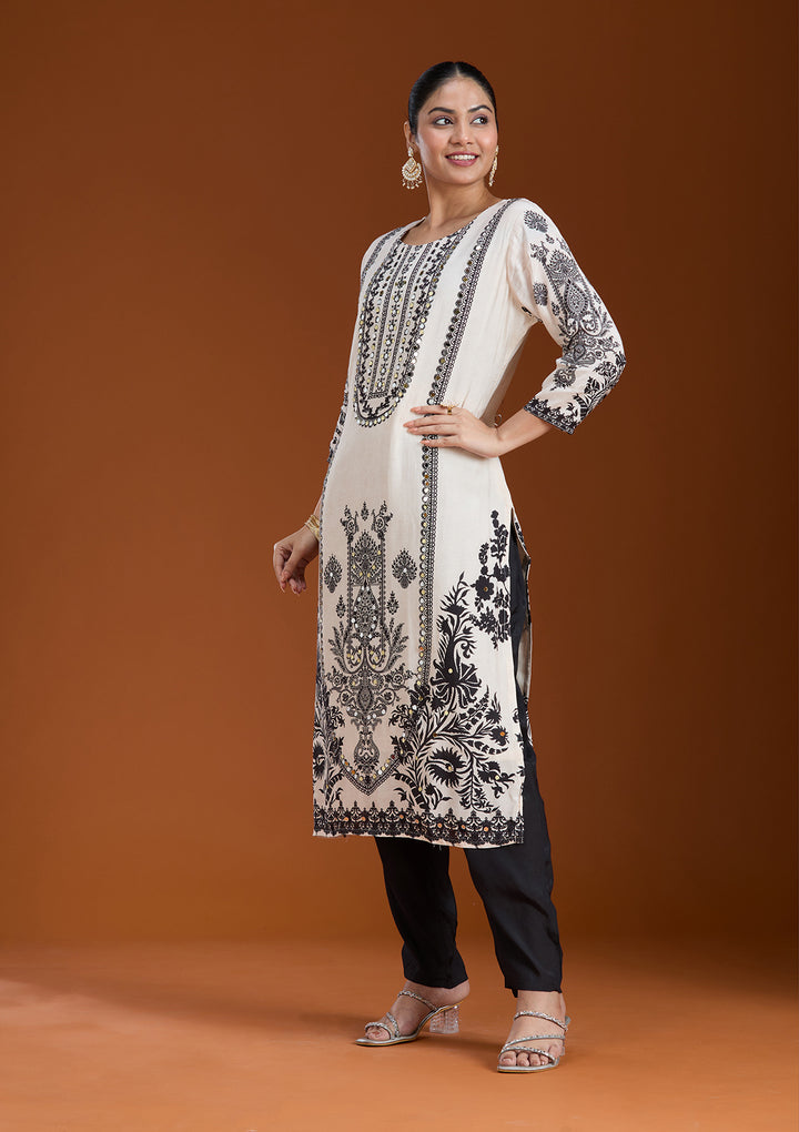 Off White Printed Crepe Readymade Salwar Suit