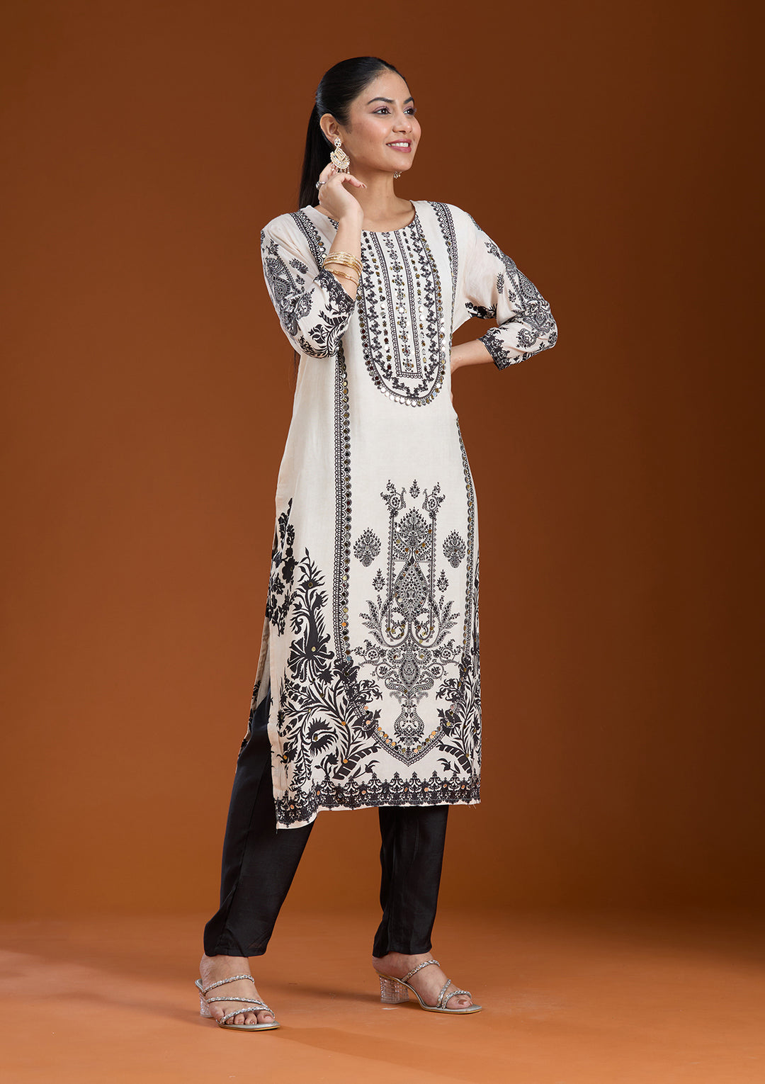 Off White Printed Crepe Readymade Salwar Suit