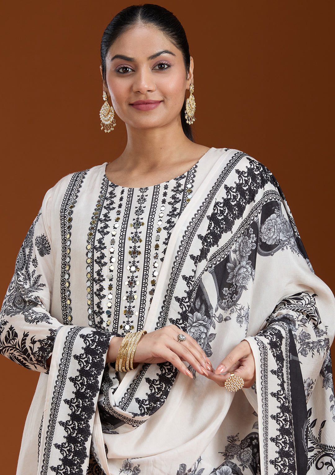 Off White Printed Crepe Readymade Salwar Suit