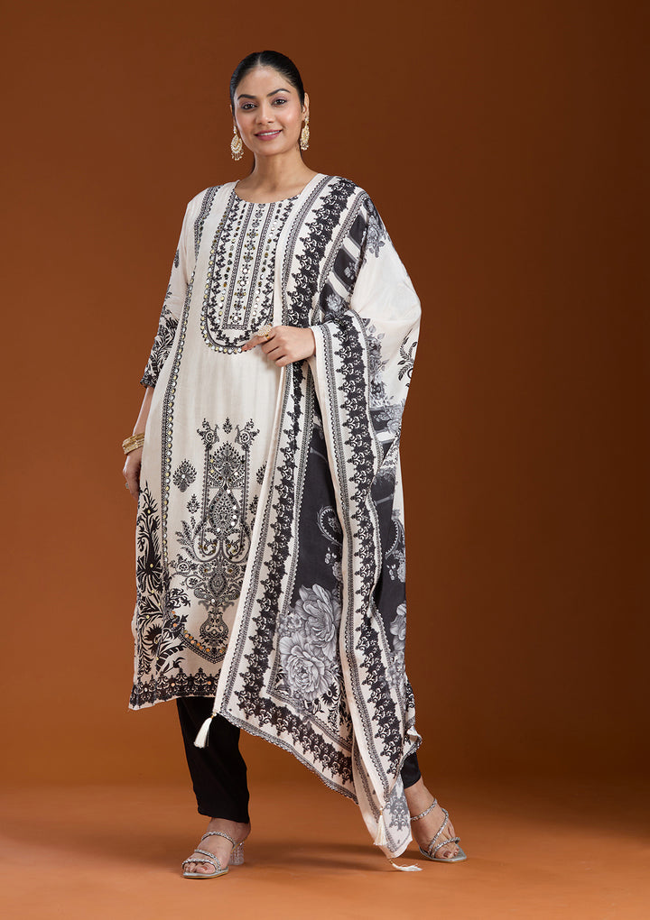 Off White Printed Crepe Readymade Salwar Suit