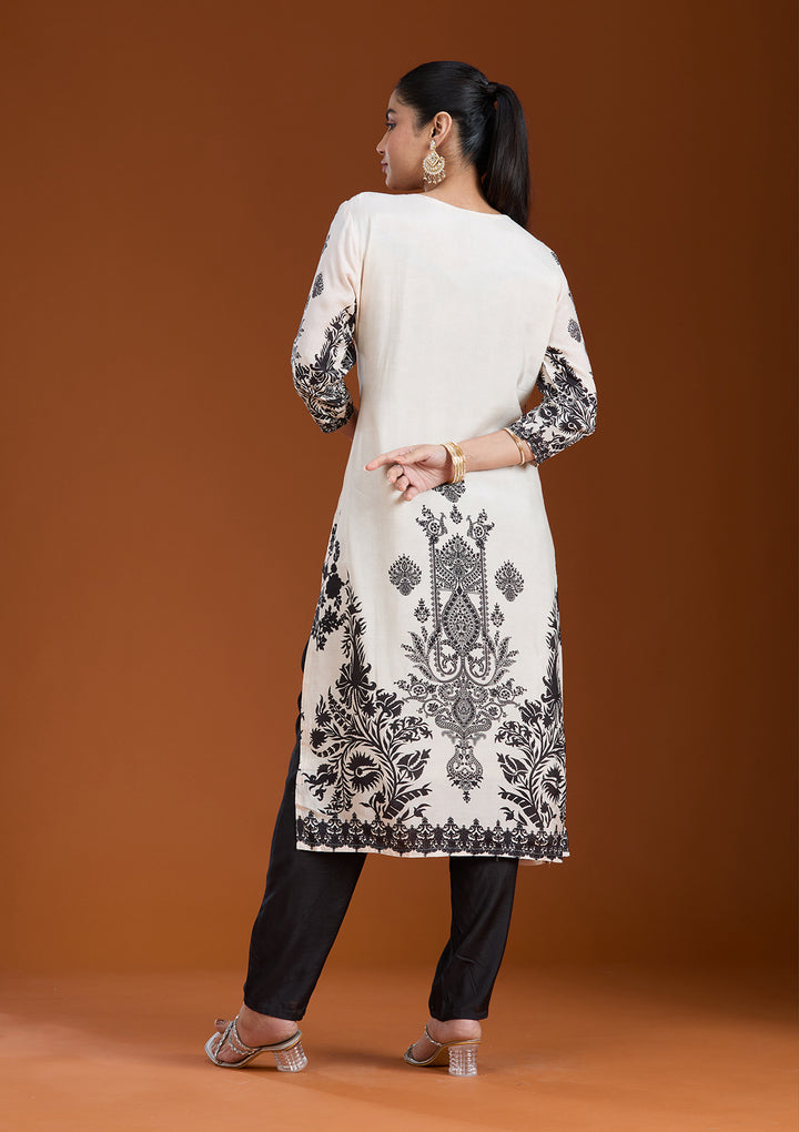 Off White Printed Crepe Readymade Salwar Suit