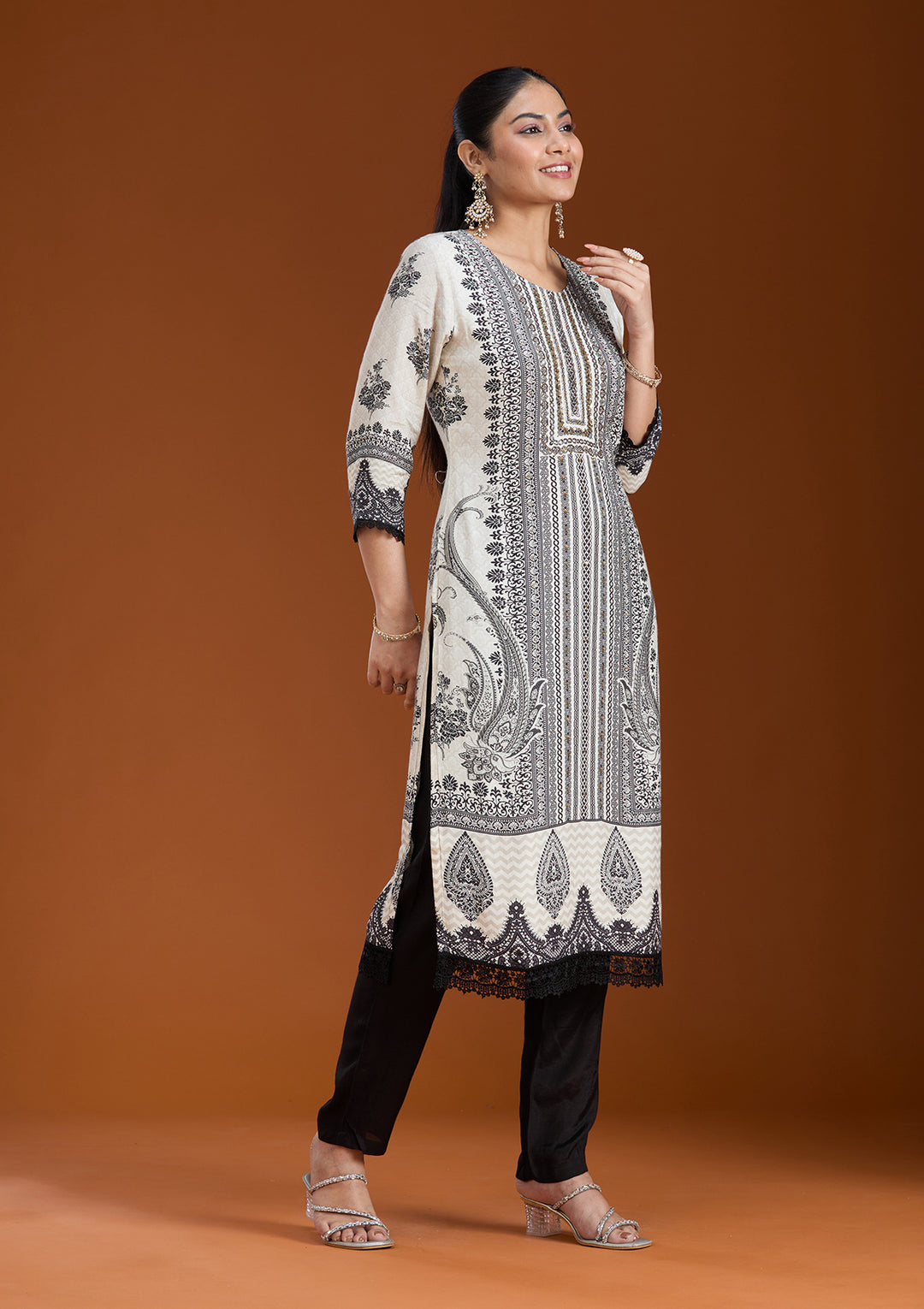 Off White Printed Crepe Readymade Salwar Suit