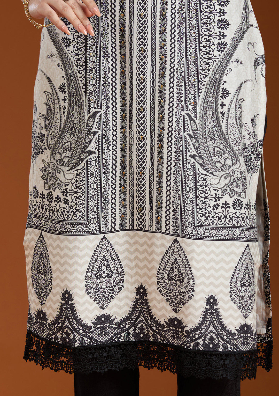Off White Printed Crepe Readymade Salwar Suit