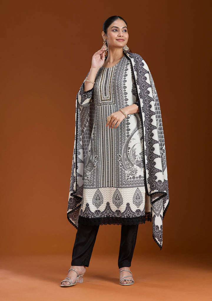 Off White Printed Crepe Readymade Salwar Suit
