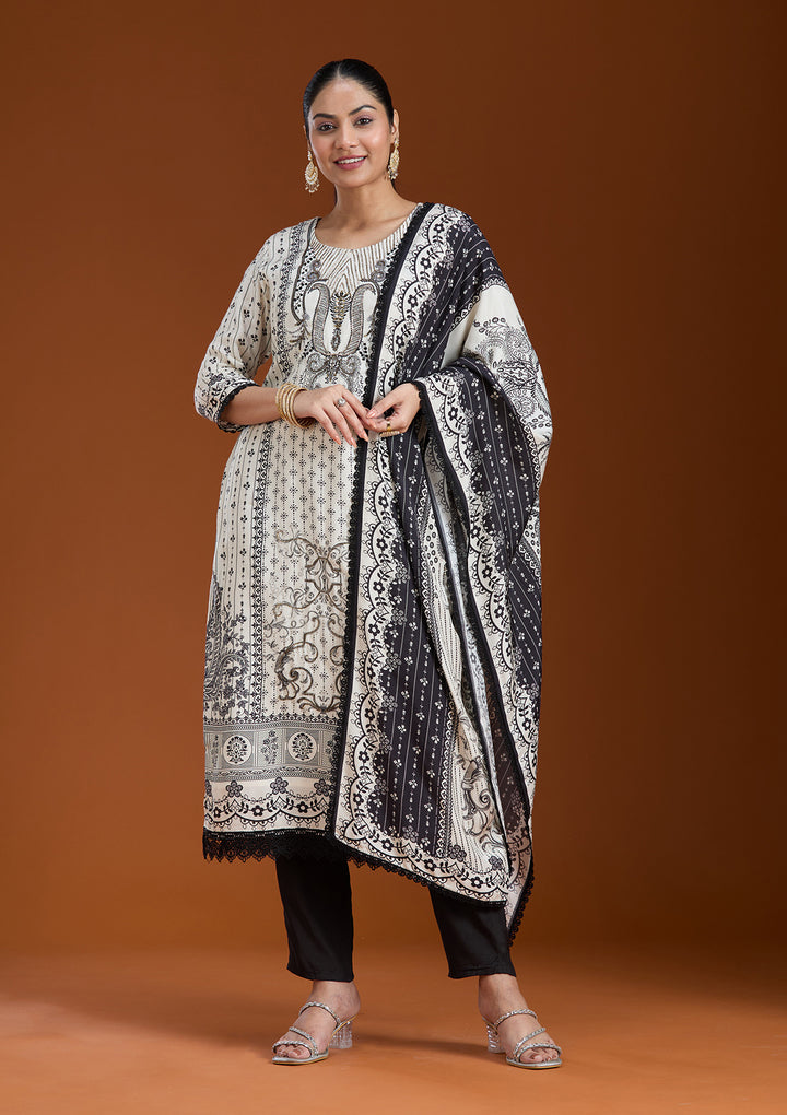 Off White Printed Crepe Readymade Salwar Suit