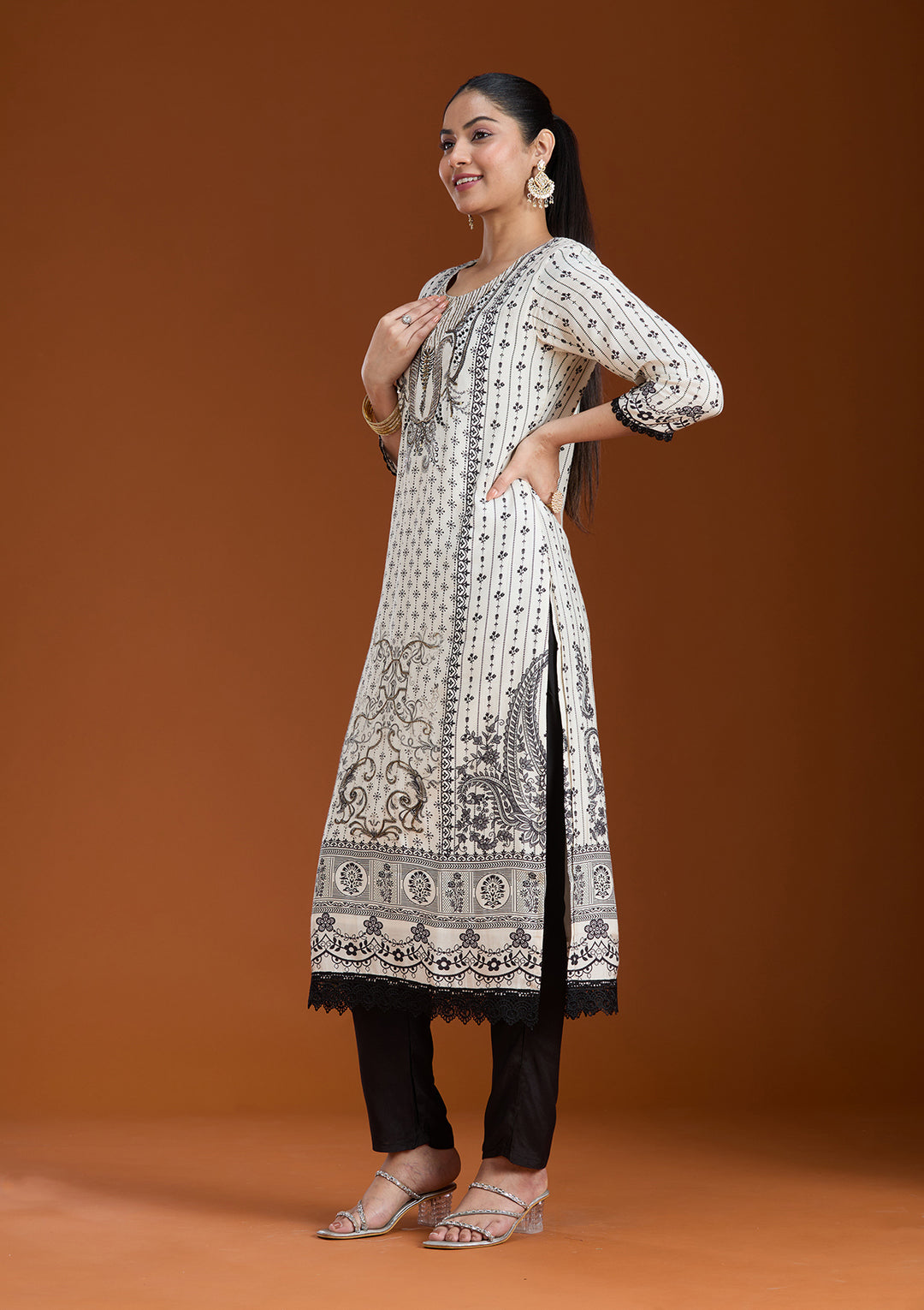 Off White Printed Crepe Readymade Salwar Suit
