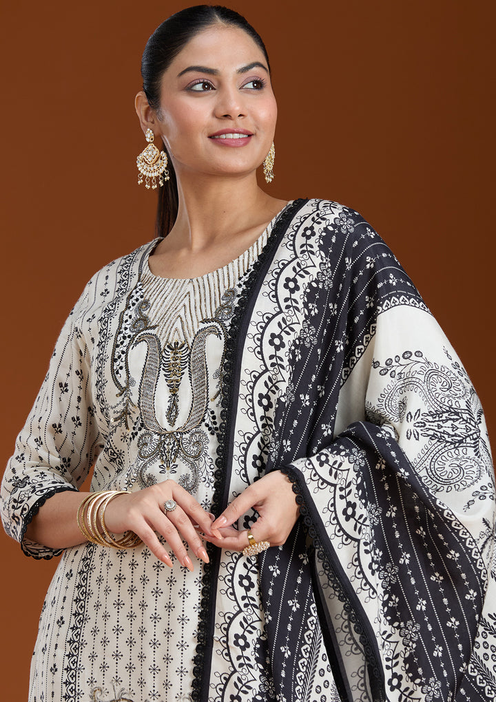 Off White Printed Crepe Readymade Salwar Suit