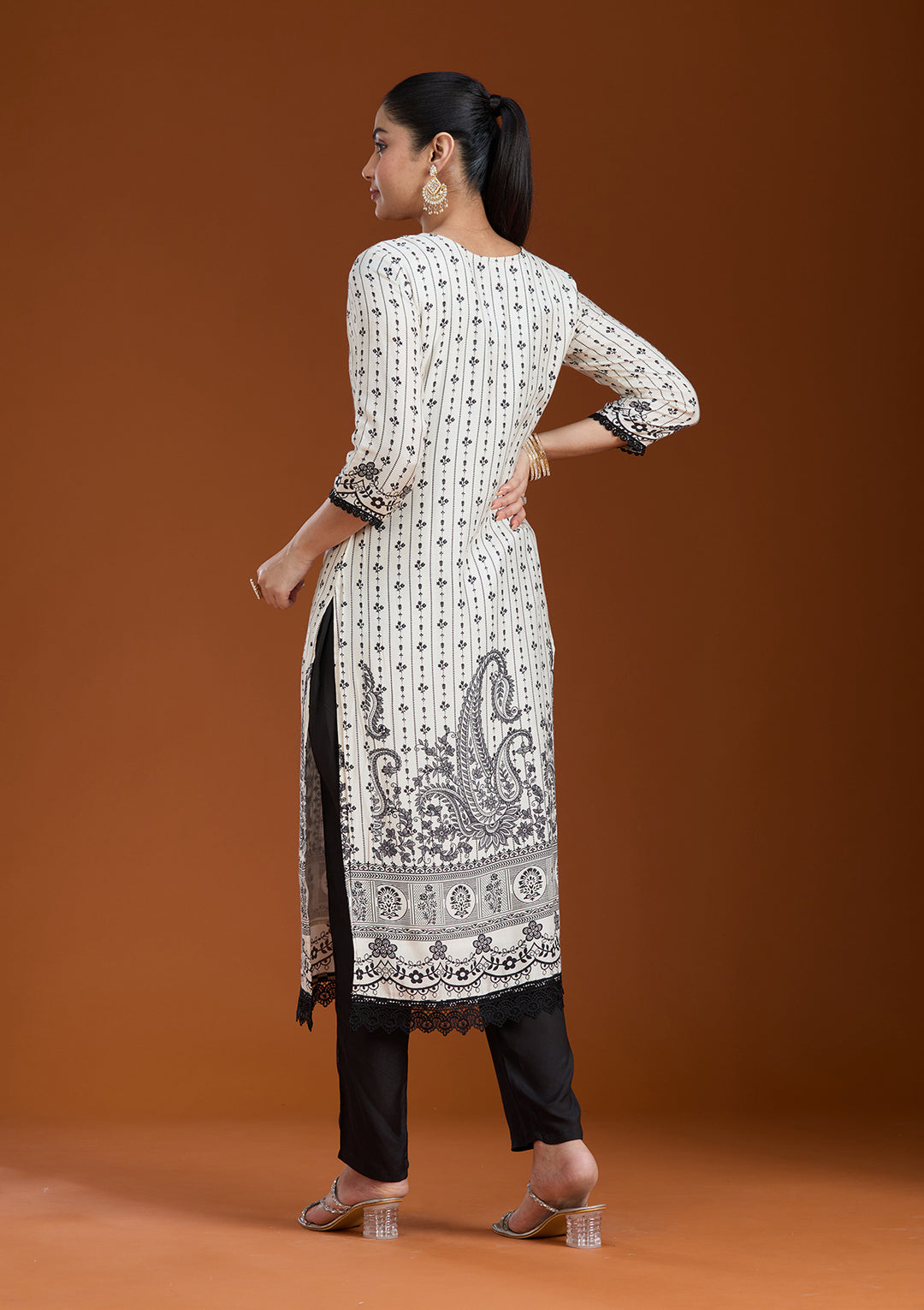 Off White Printed Crepe Readymade Salwar Suit