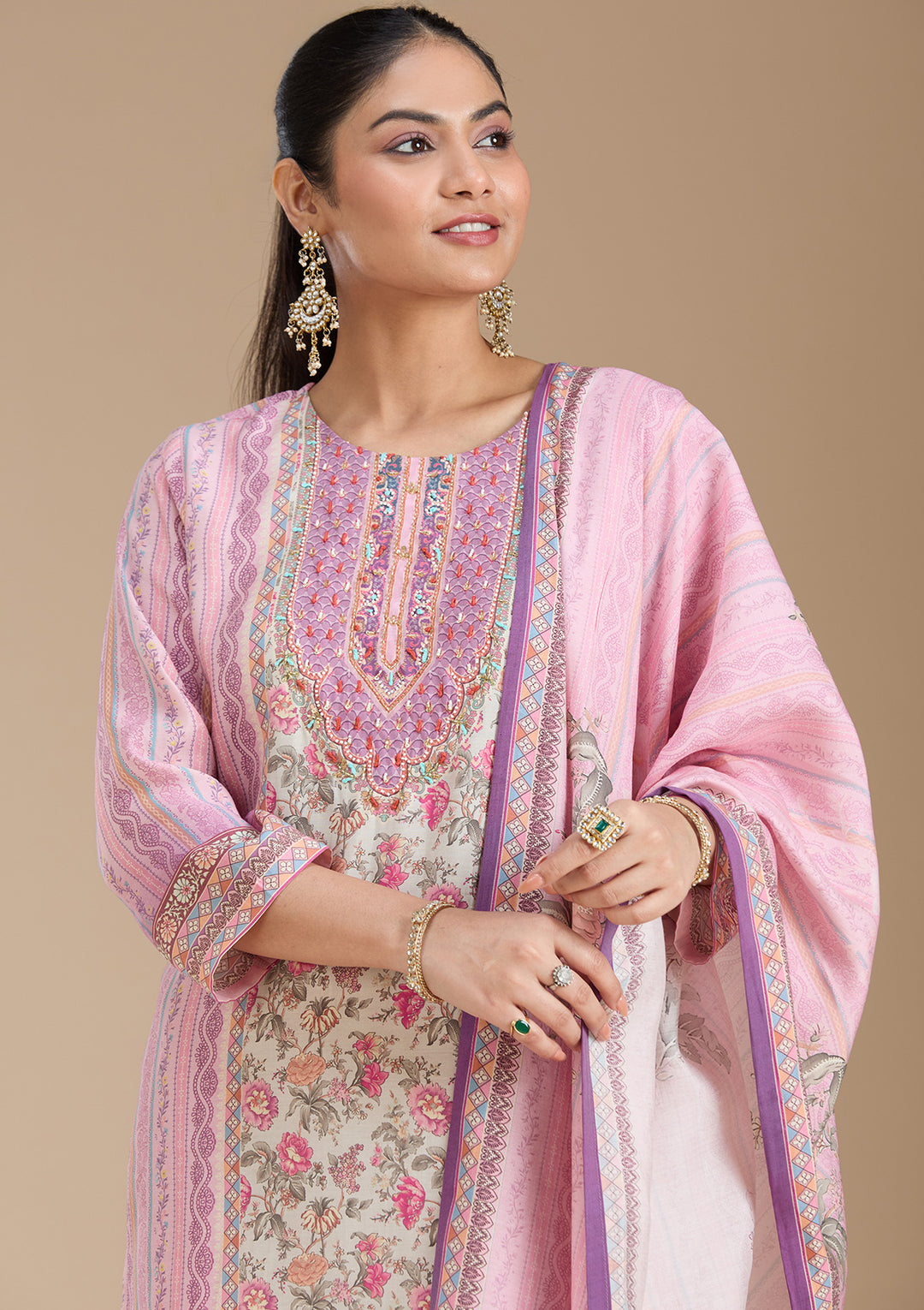 Lavender Printed Crepe Readymade Salwar Suit