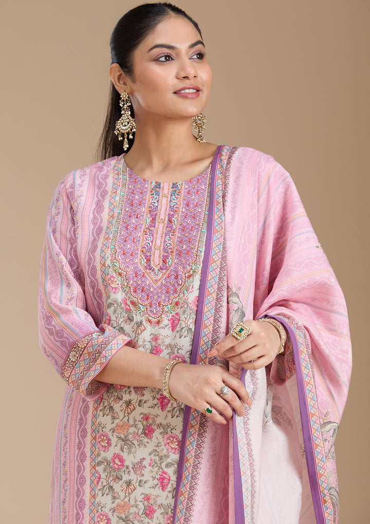 Lavender Printed Crepe Readymade Salwar Suit