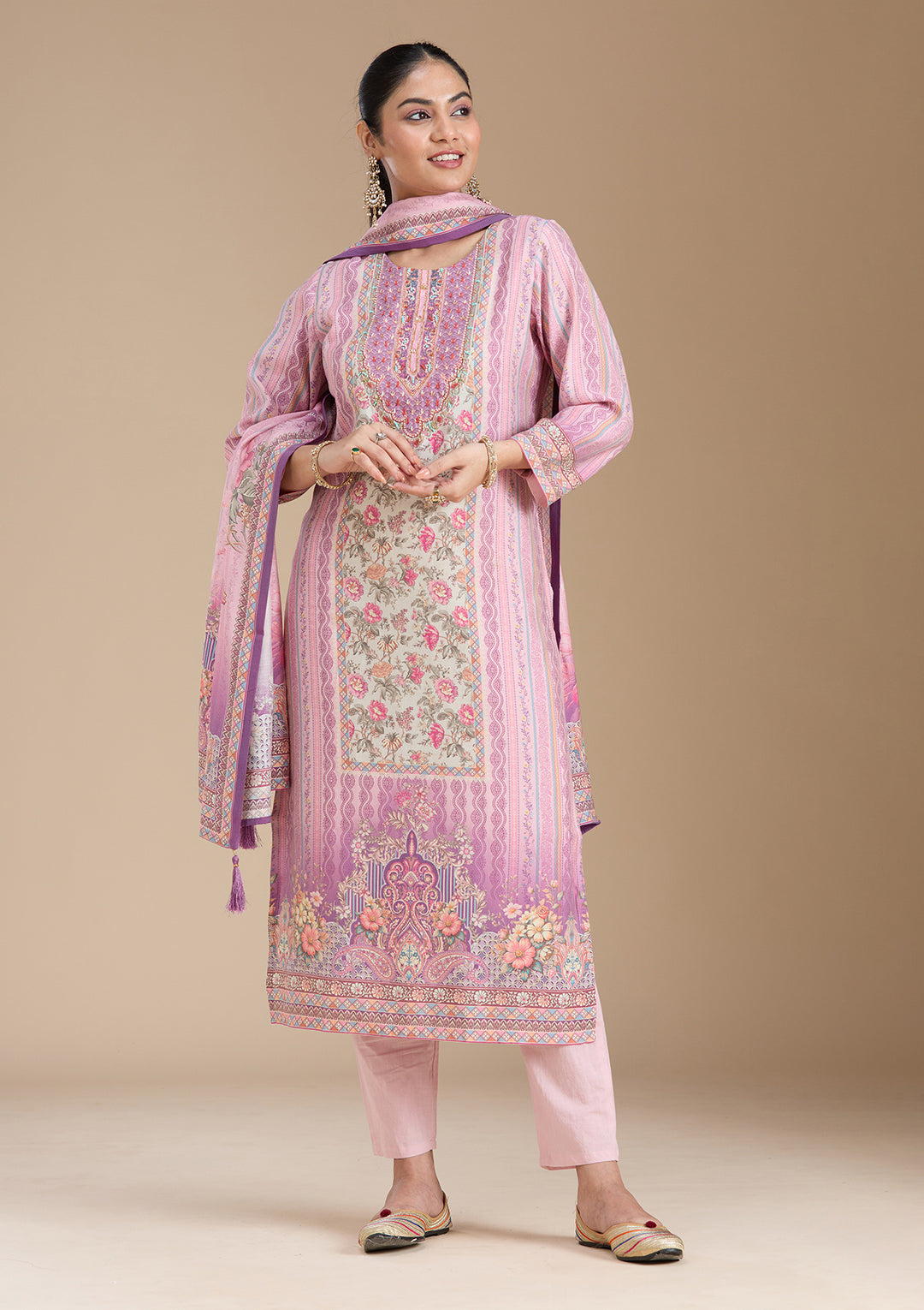 Lavender Printed Crepe Readymade Salwar Suit