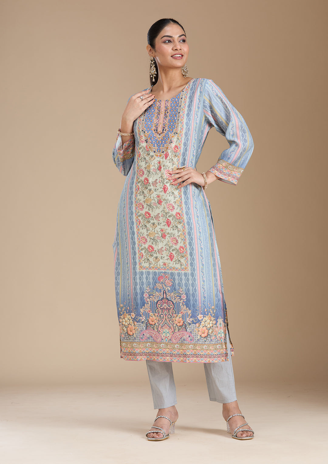 Sky Blue Printed Crepe Readymade Salwar Suit