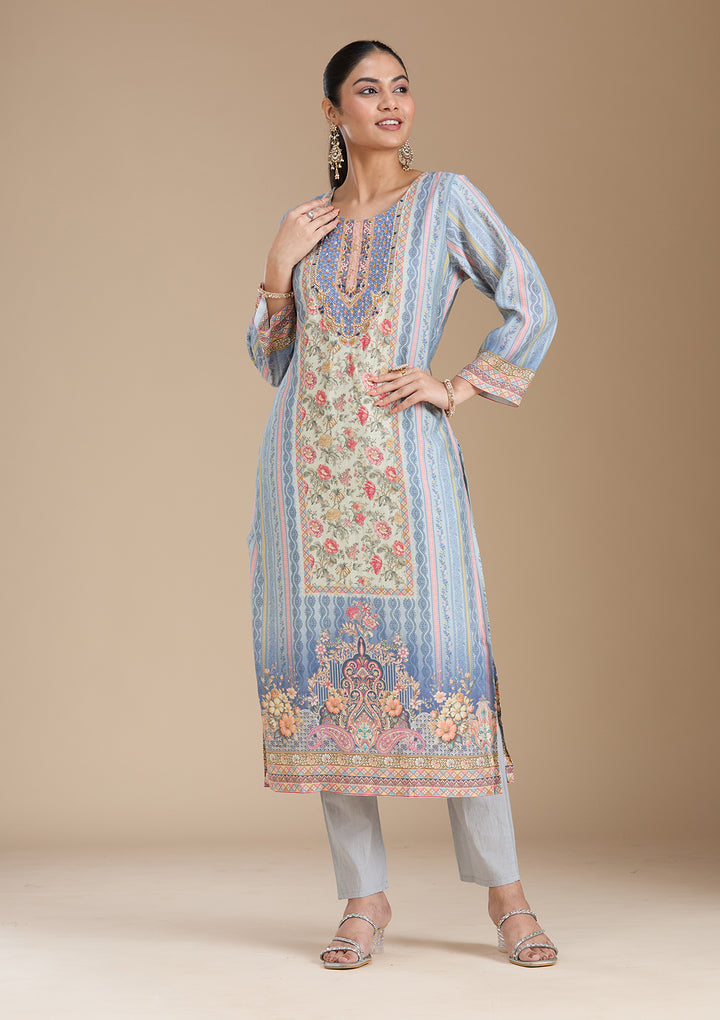 Sky Blue Printed Crepe Readymade Salwar Suit