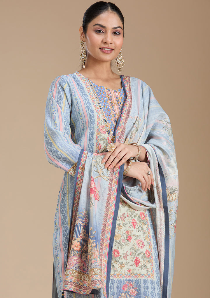 Sky Blue Printed Crepe Readymade Salwar Suit