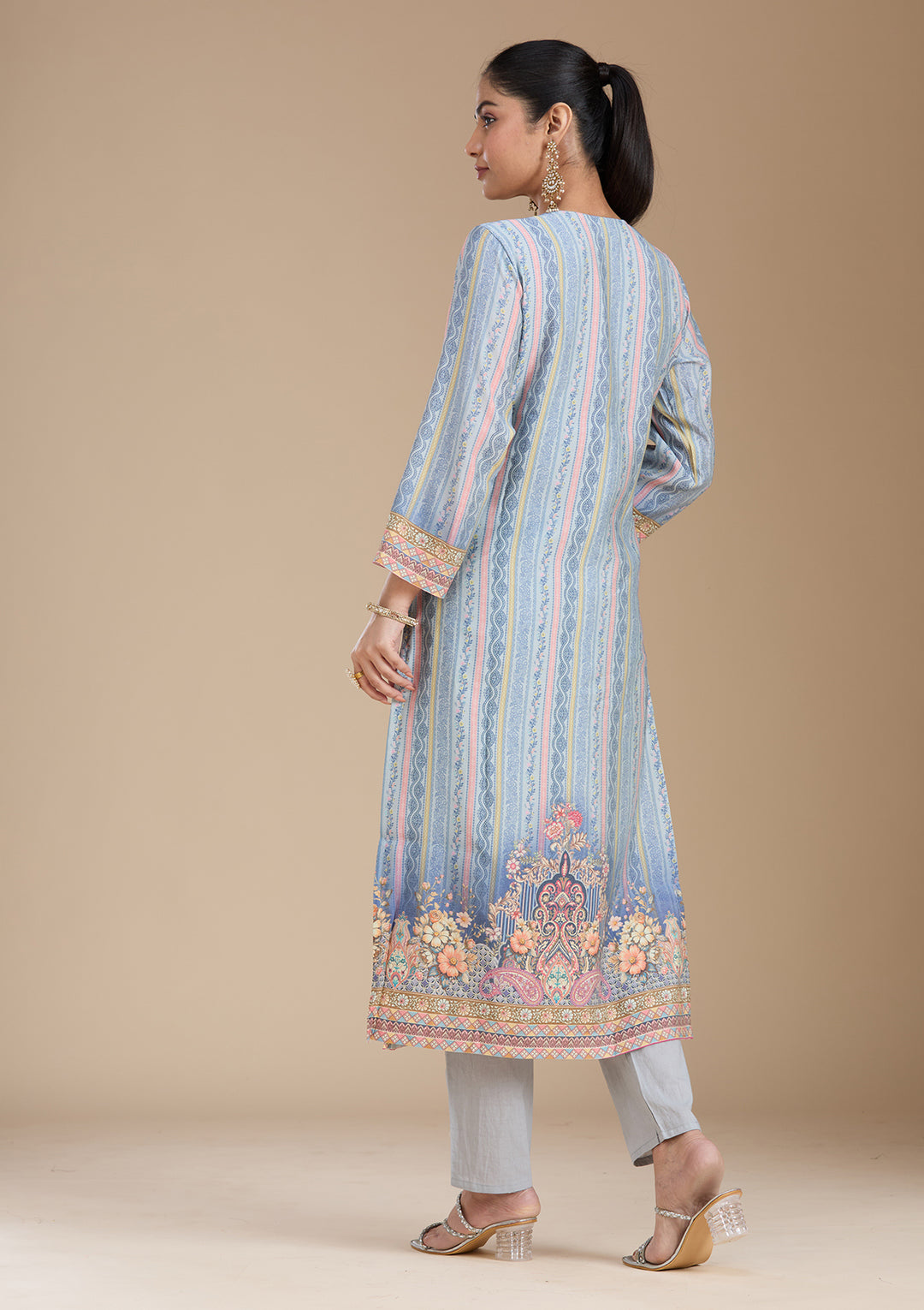 Sky Blue Printed Crepe Readymade Salwar Suit