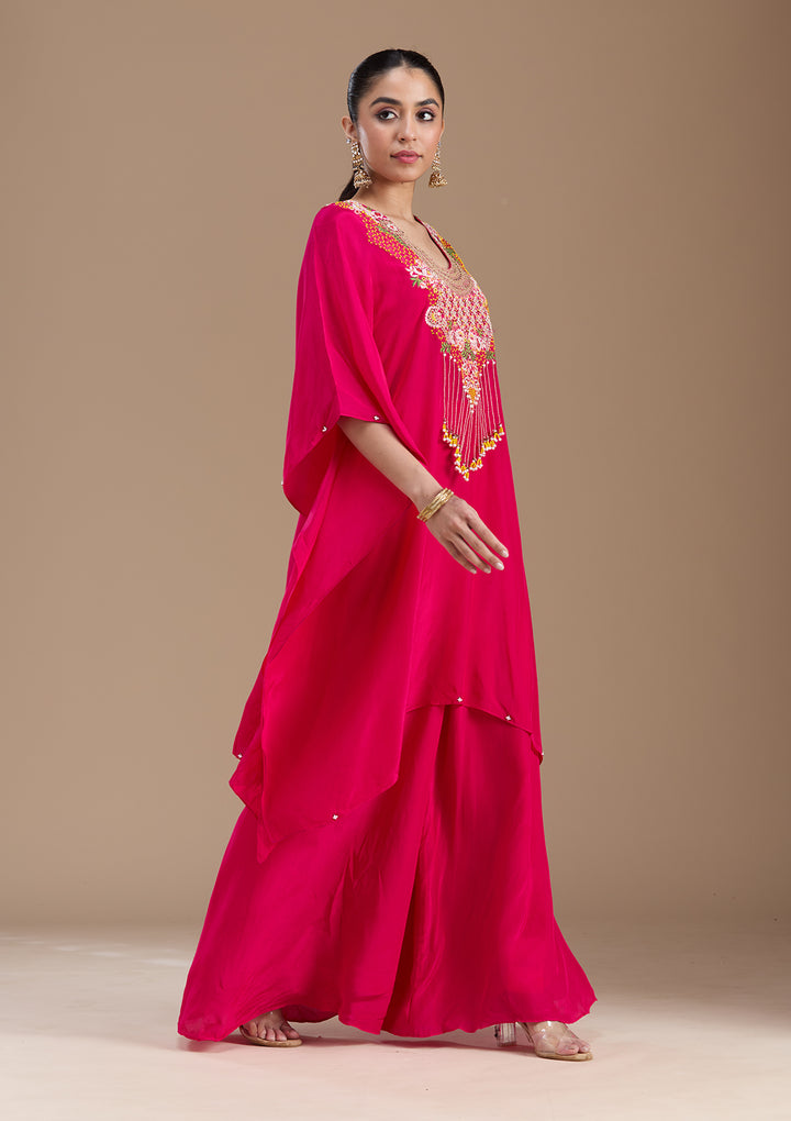 Rani Pink Threadwork Art Silk Readymade Salwar Suit