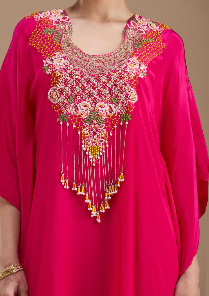 Rani Pink Threadwork Art Silk Readymade Salwar Suit
