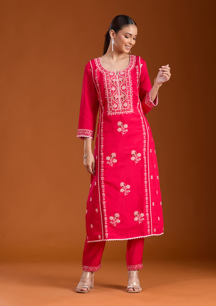 Rani Pink Cutdana Chanderi Readymade Salwar Suit
