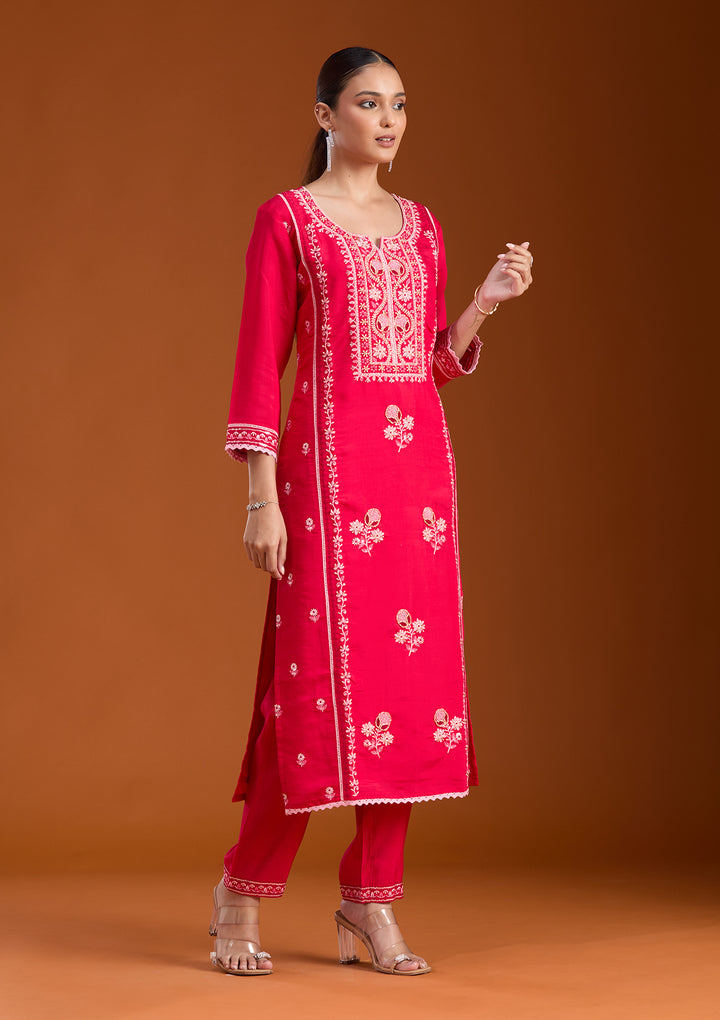 Rani Pink Cutdana Chanderi Readymade Salwar Suit