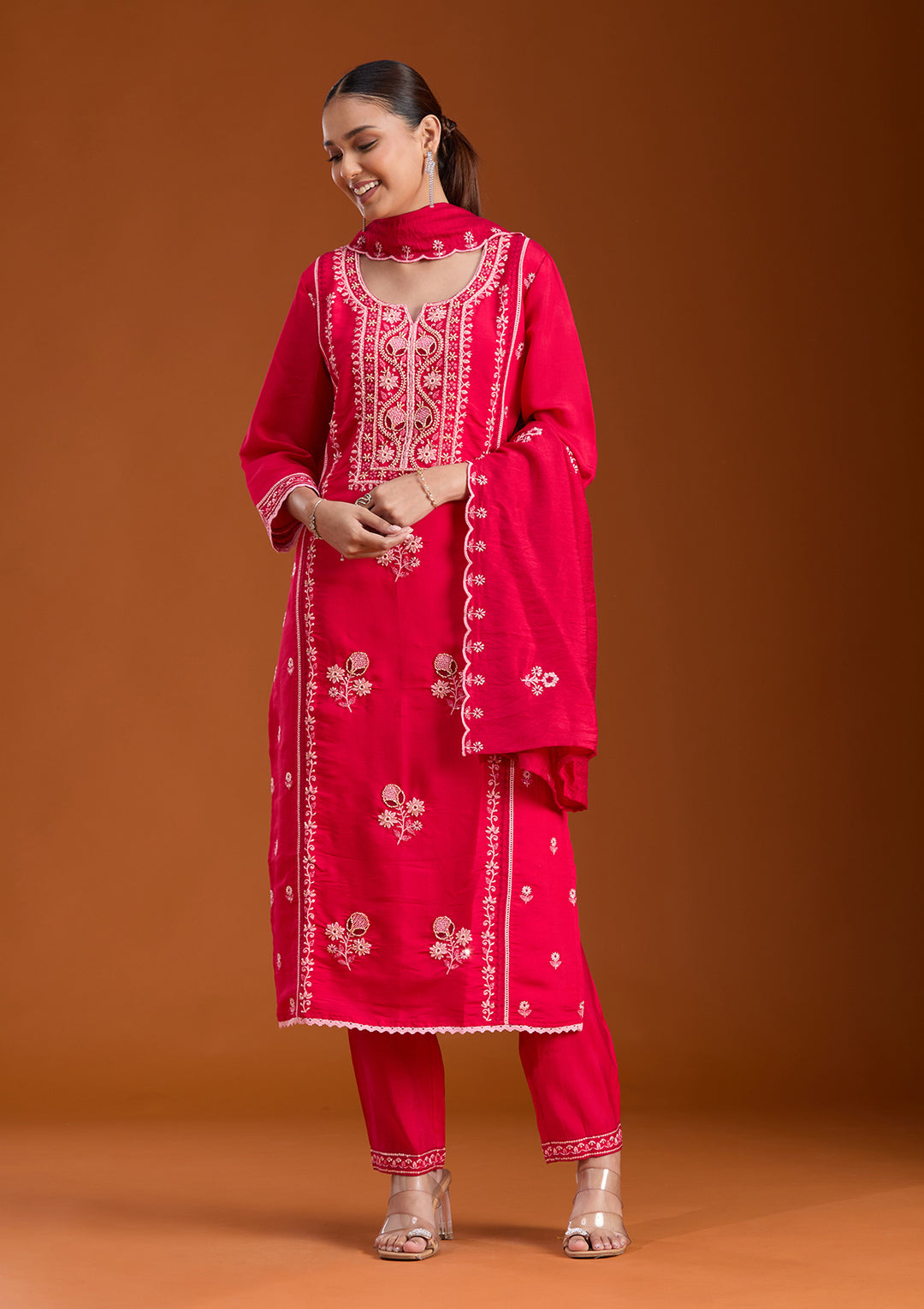 Rani Pink Cutdana Chanderi Readymade Salwar Suit