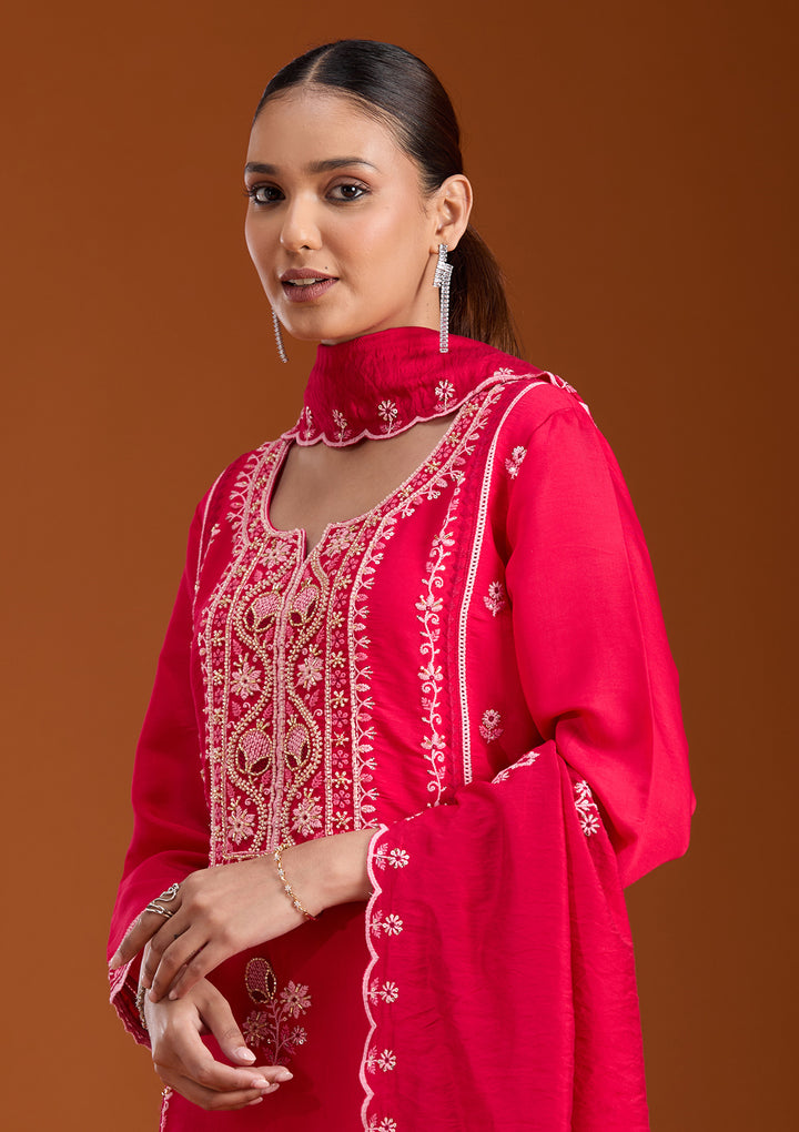 Rani Pink Cutdana Chanderi Readymade Salwar Suit