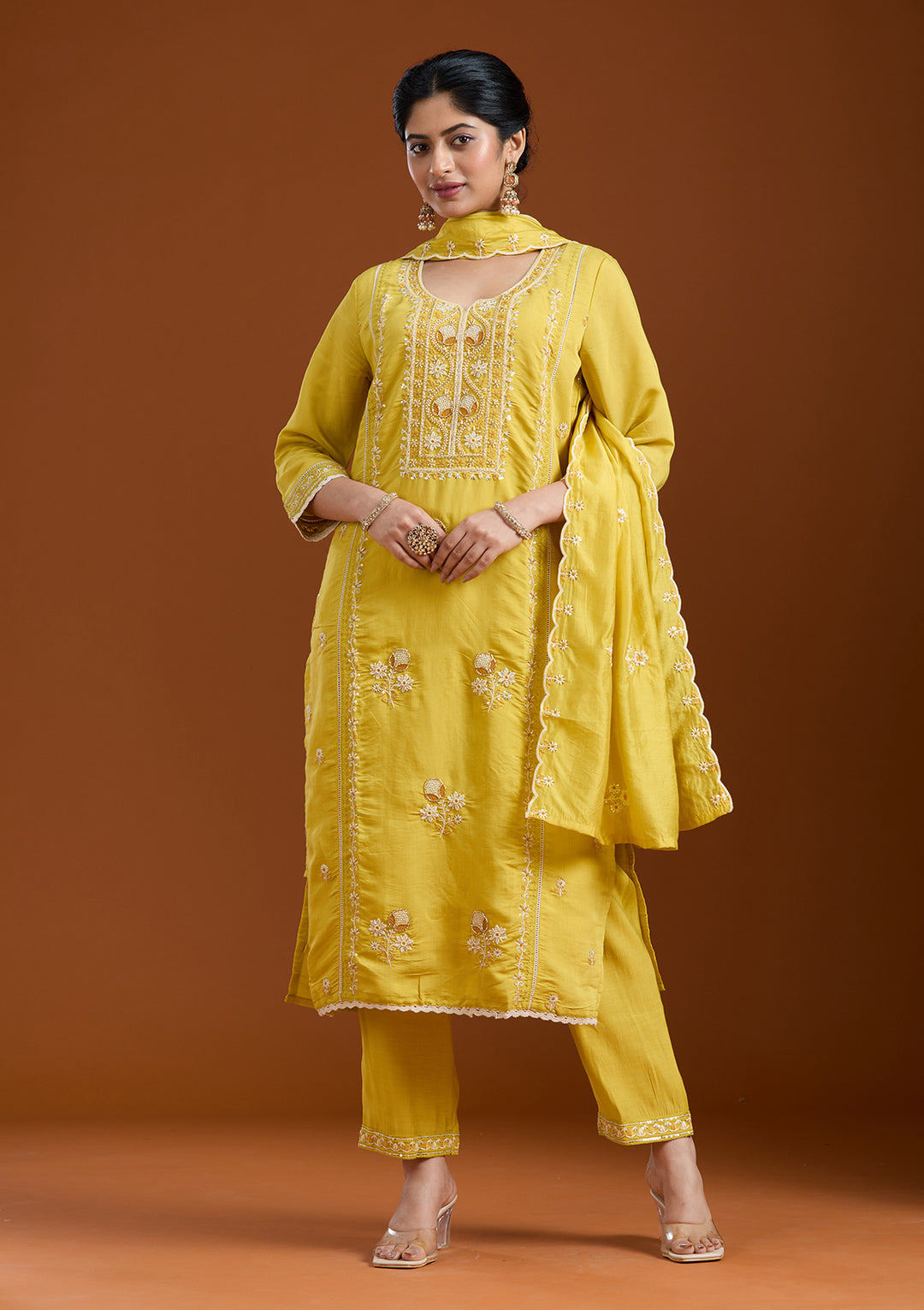 Yellow Cutdana Chanderi Readymade Salwar Suit