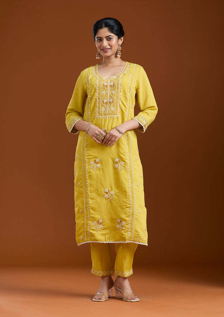 Yellow Cutdana Chanderi Readymade Salwar Suit