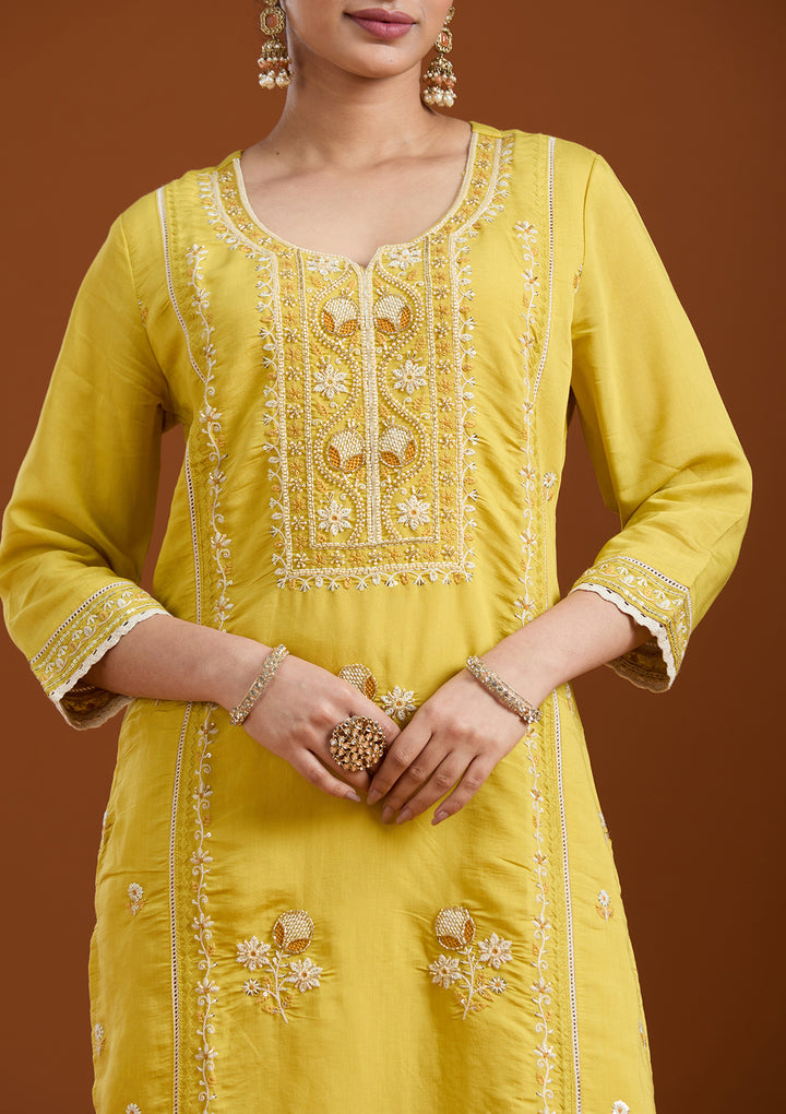 Yellow Cutdana Chanderi Readymade Salwar Suit