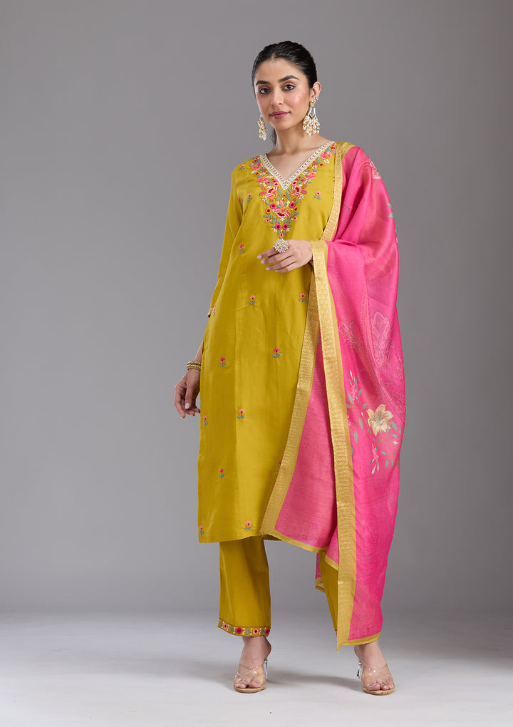 Mustard Yellow Threadwork Chanderi Readymade Salwar Suit