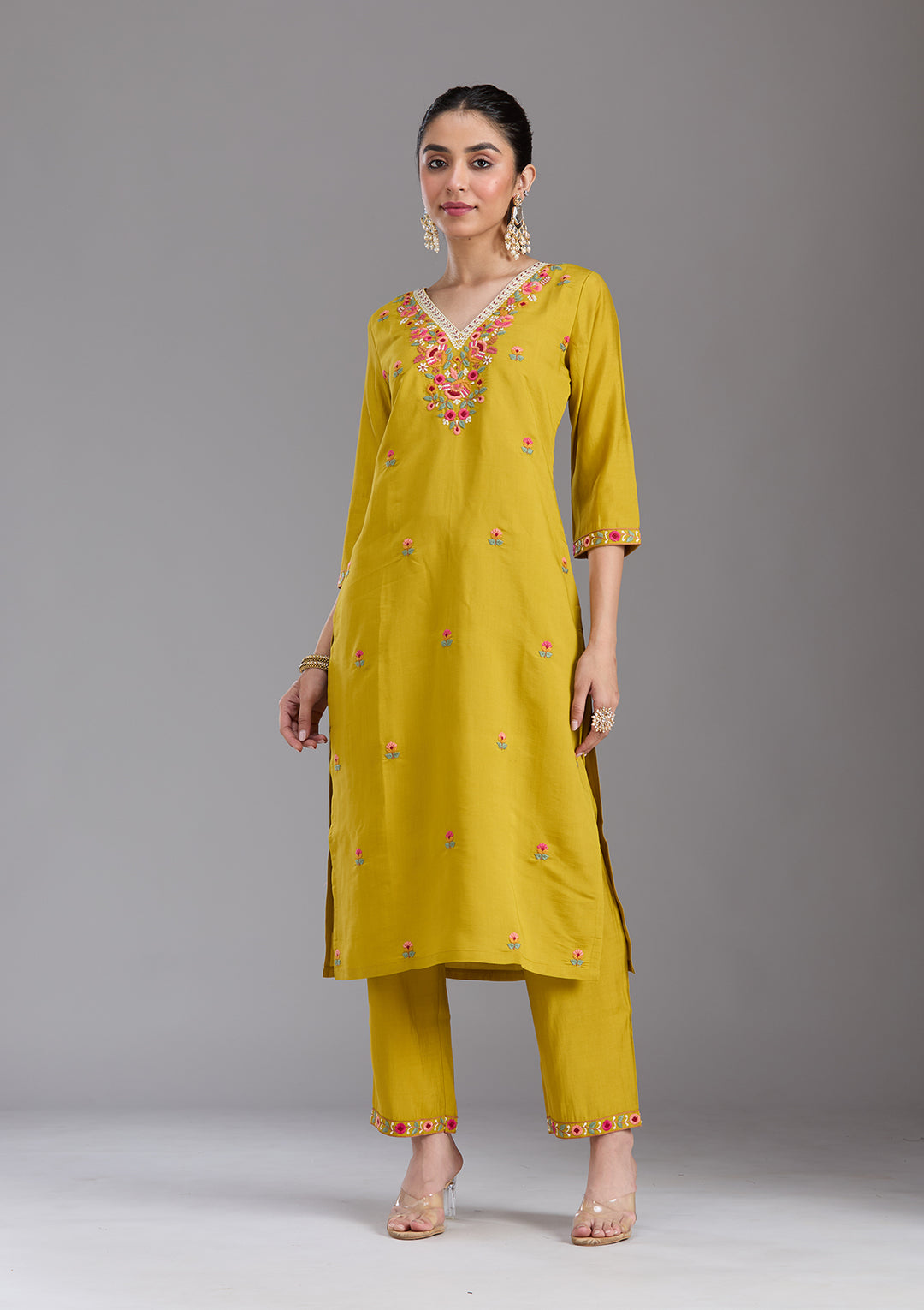 Mustard Yellow Threadwork Chanderi Readymade Salwar Suit
