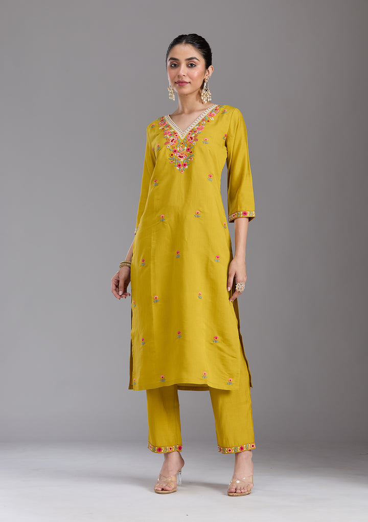 Mustard Yellow Threadwork Chanderi Readymade Salwar Suit