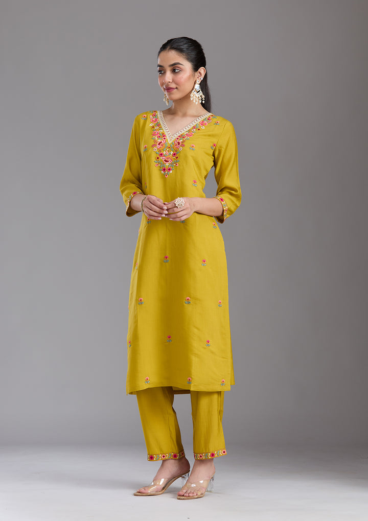 Mustard Yellow Threadwork Chanderi Readymade Salwar Suit