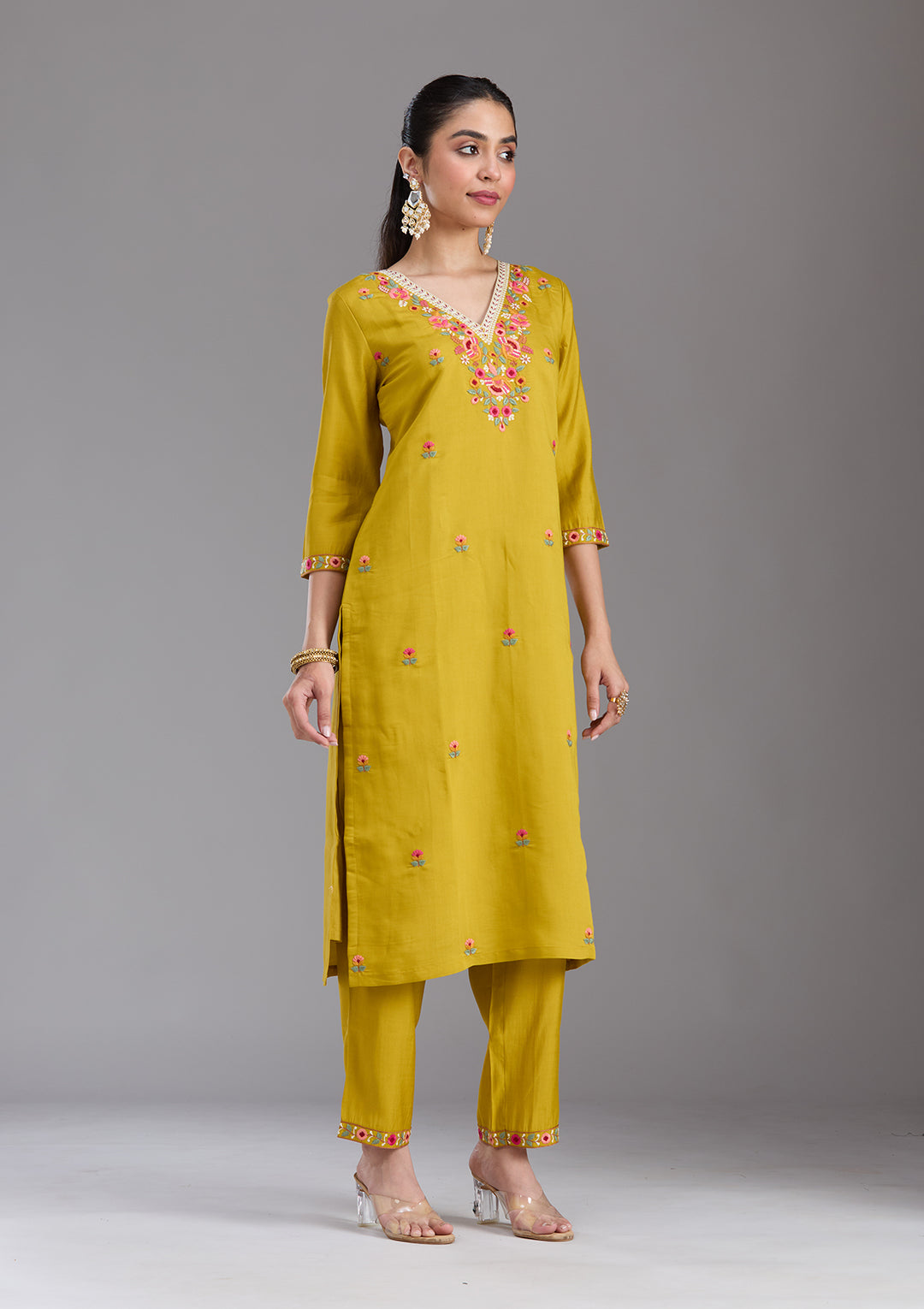 Mustard Yellow Threadwork Chanderi Readymade Salwar Suit