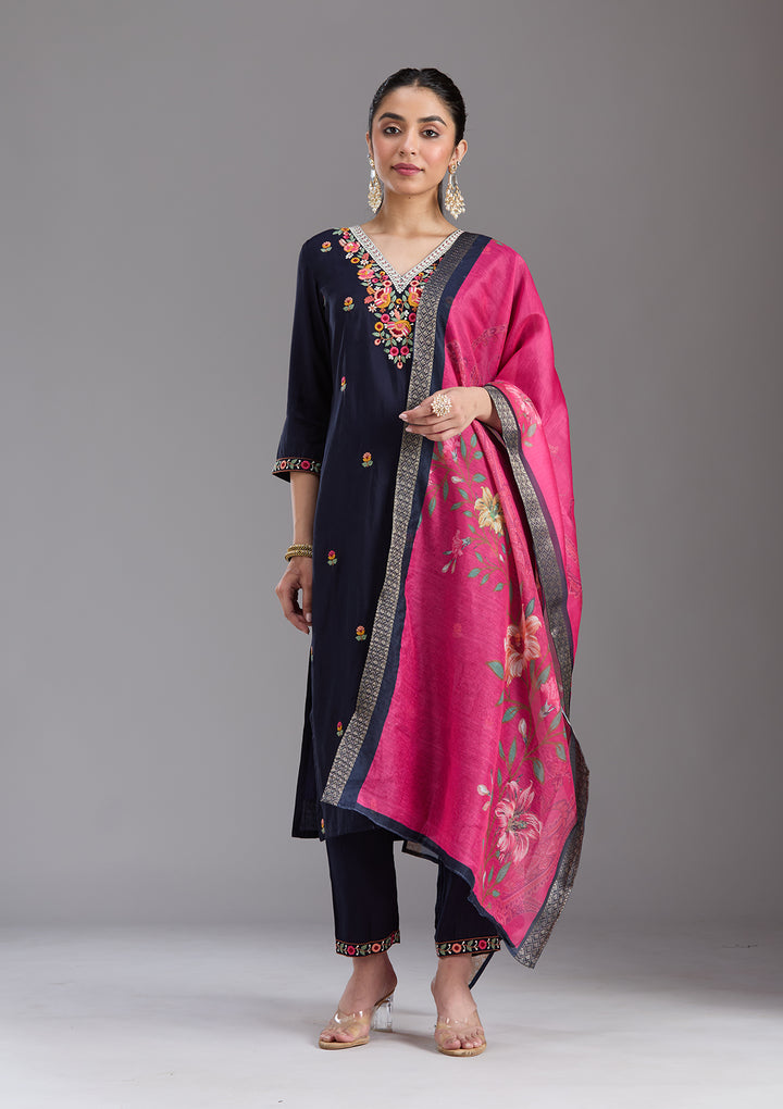 Navy Blue Threadwork Chanderi Readymade Salwar Suit